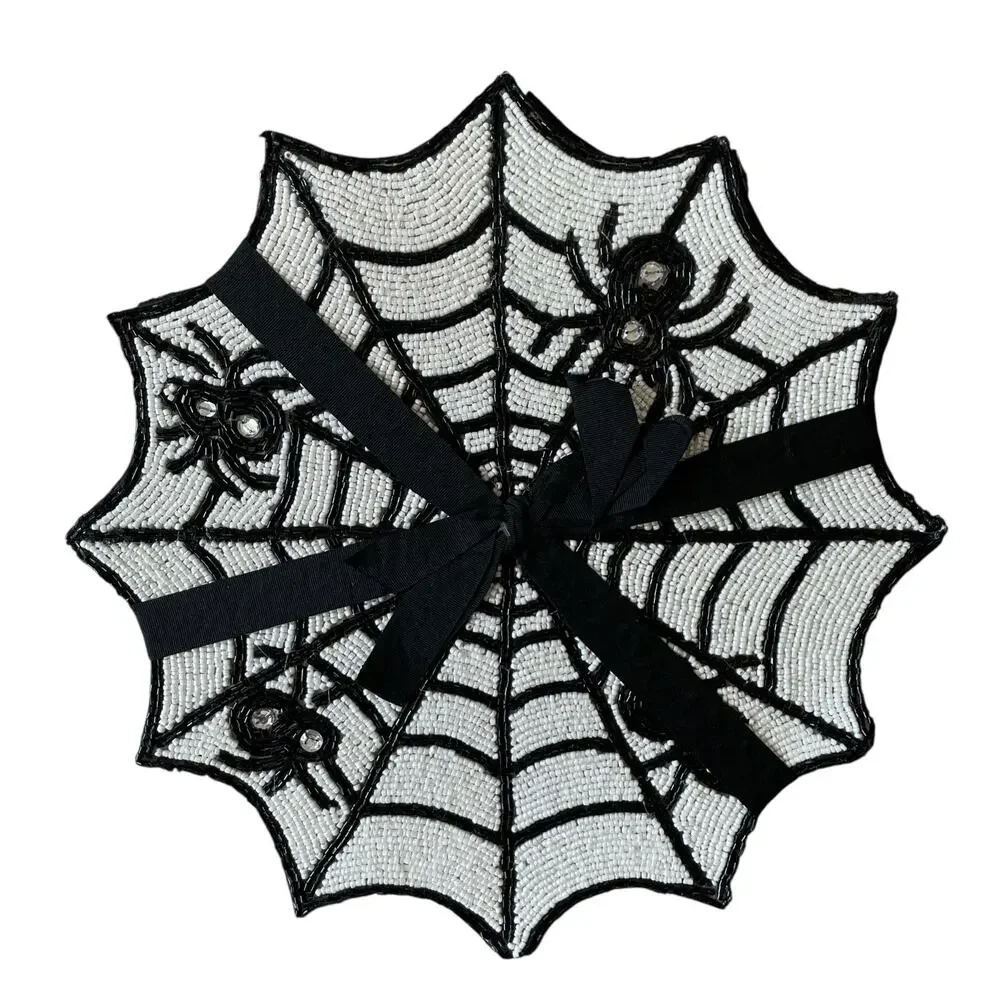 2pc Rachel Zoe Halloween Spider Web Beaded Placemat Charger 15in Black & White